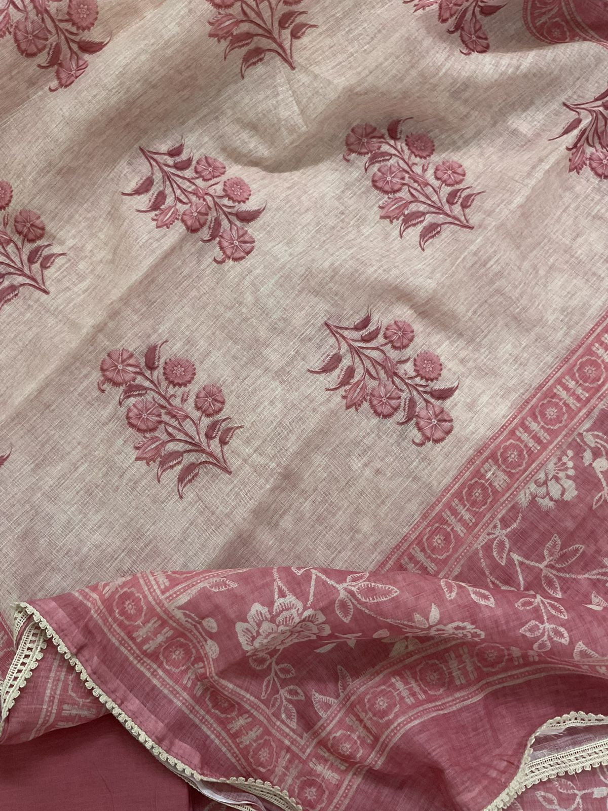 Soft Linen Jute Cotton Printed Embroidered Suit - Pink