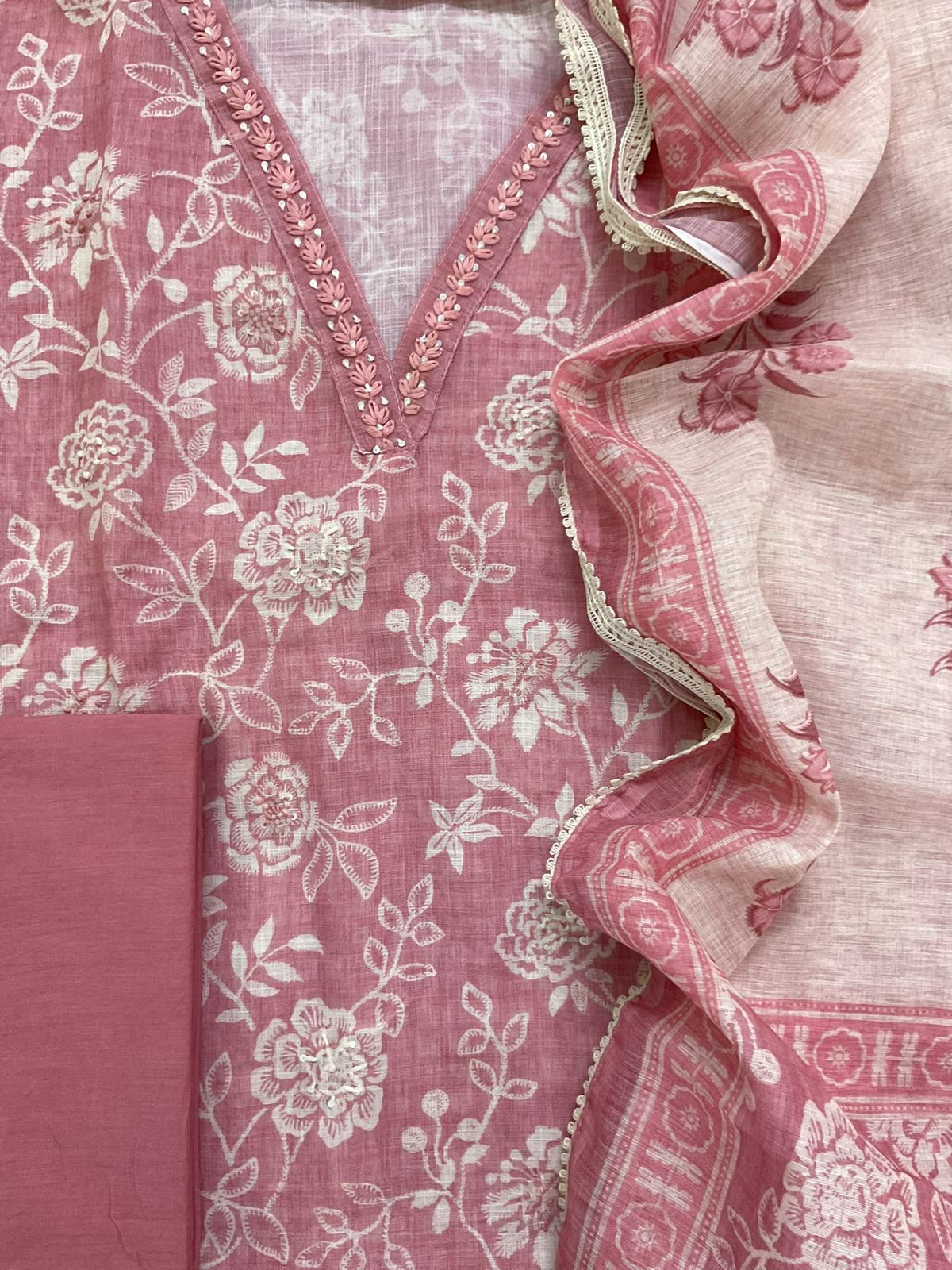 Soft Linen Jute Cotton Printed Embroidered Suit - Pink
