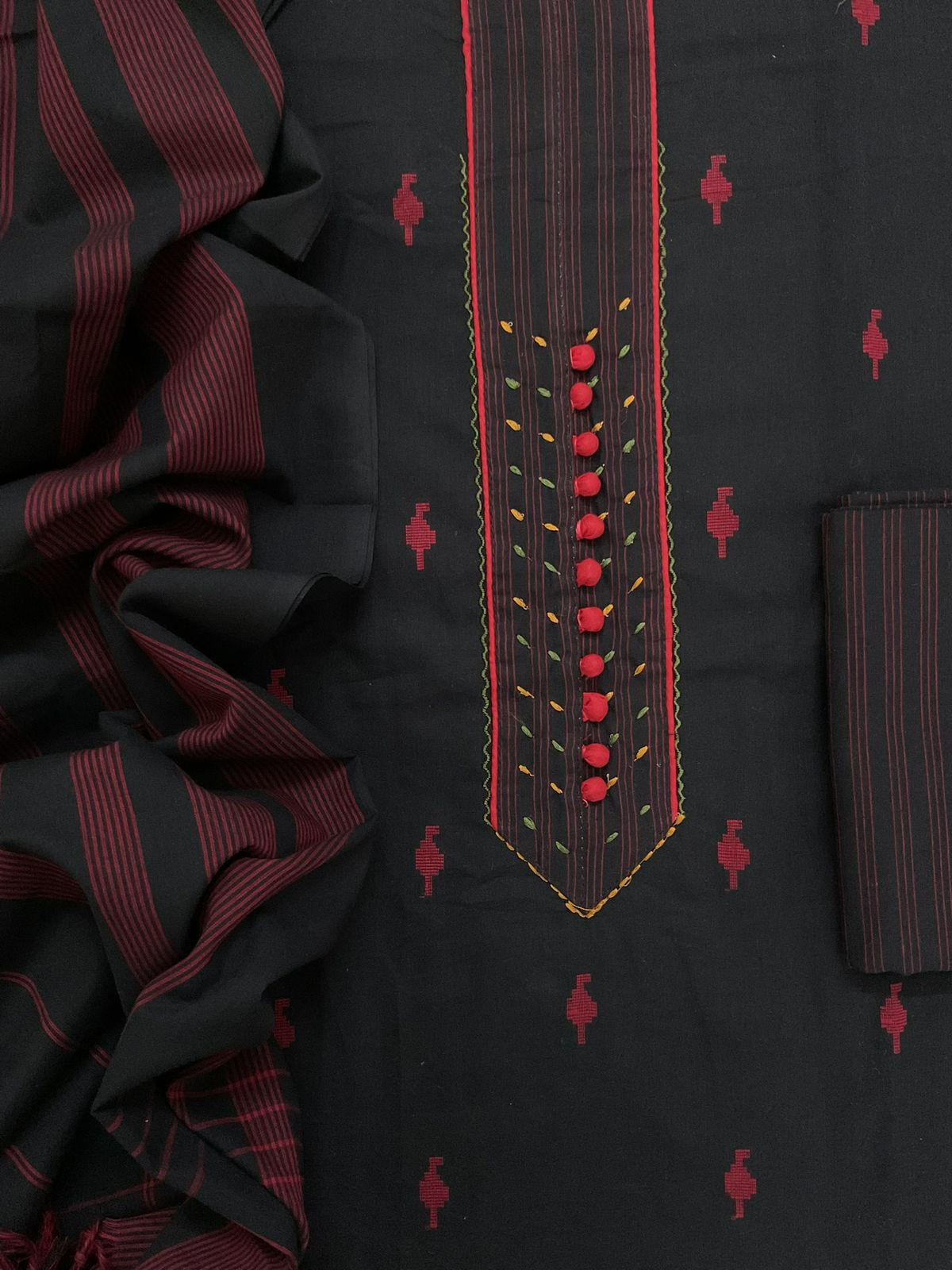 Pure Handloom Cotton Self Weaved Embroidered Suit - Black