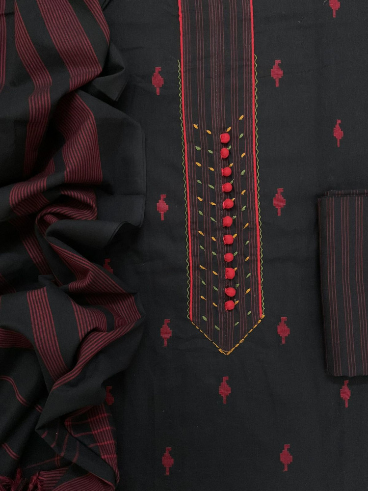 Image of Pure Handloom Cotton Self Weaved Embroidered Suit - Black
