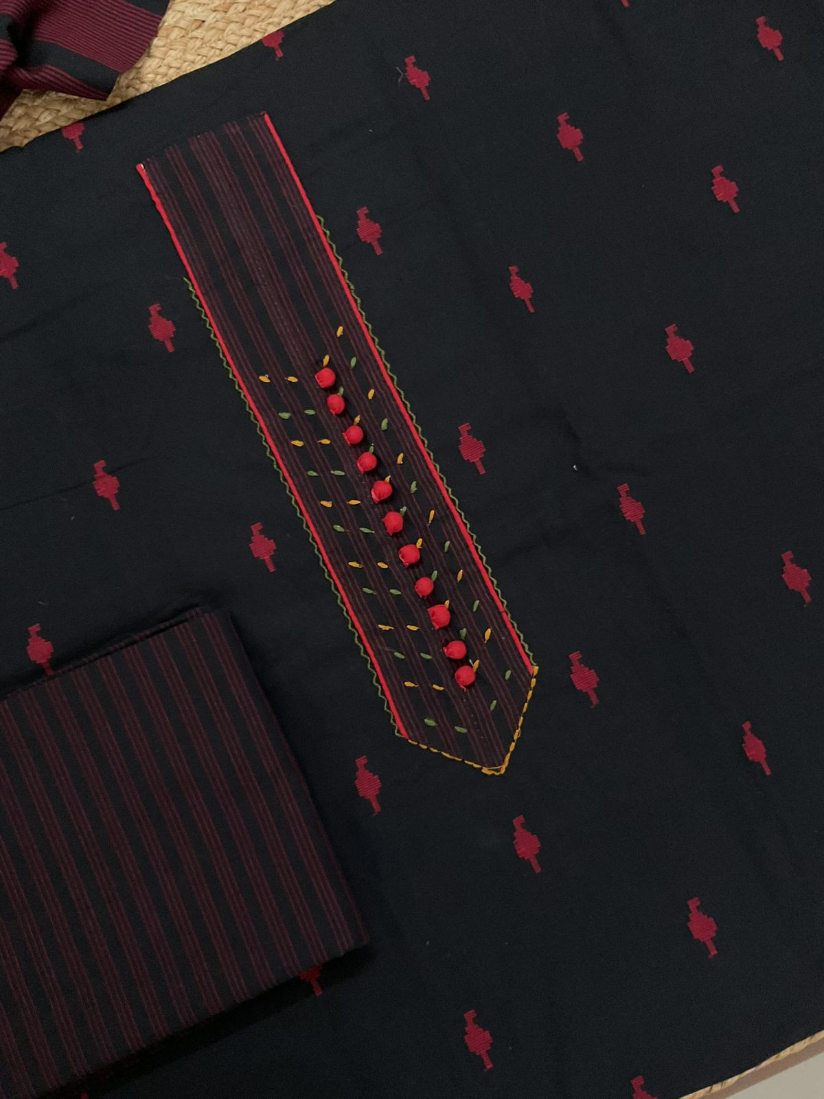 Pure Handloom Cotton Self Weaved Embroidered Suit - Black