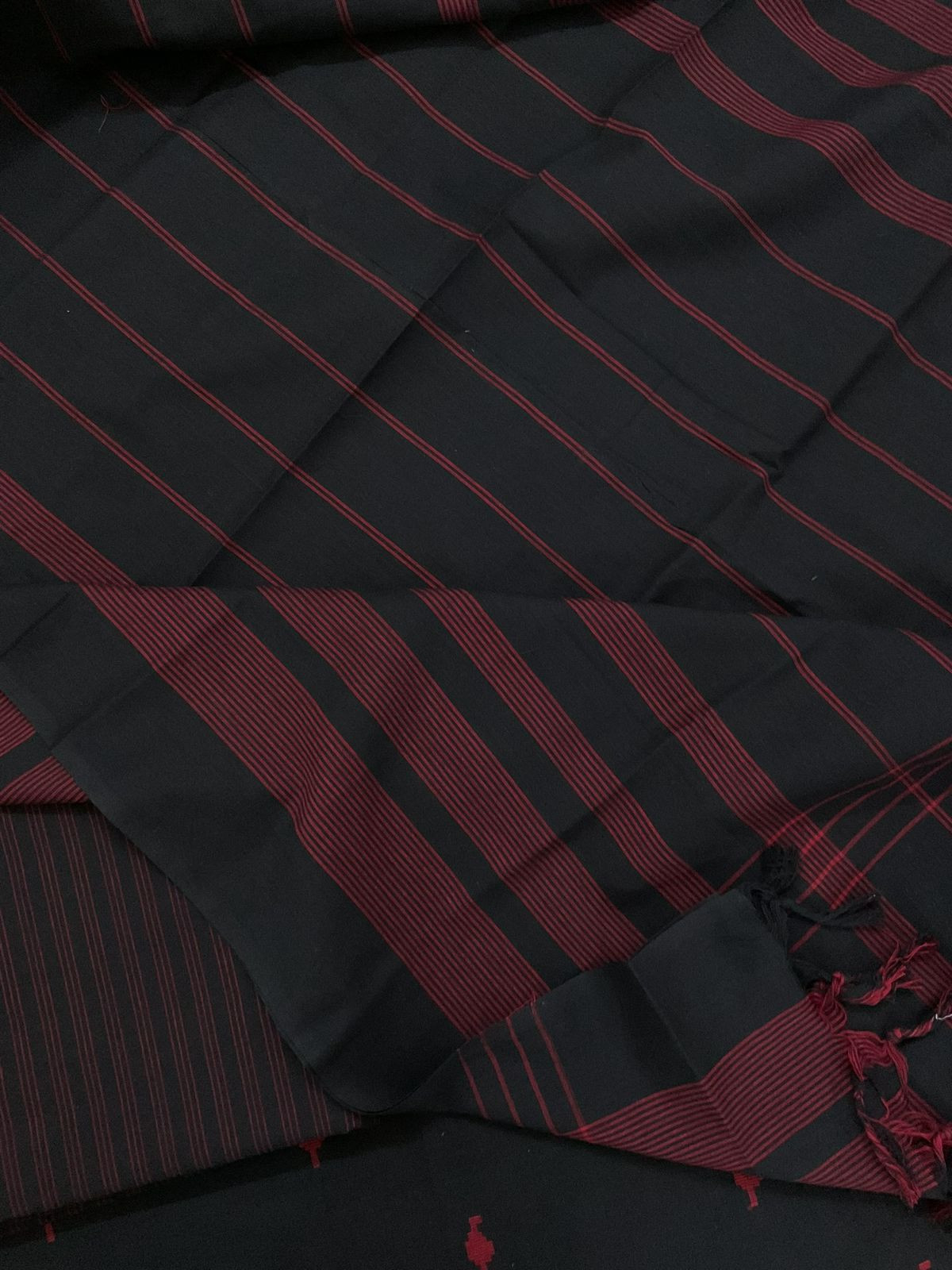 Pure Handloom Cotton Self Weaved Embroidered Suit - Black