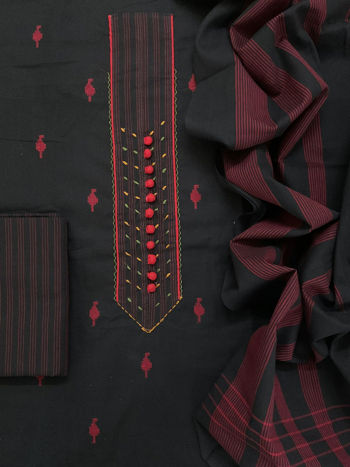 Pure Handloom Cotton Self Weaved Embroidered Suit - Black