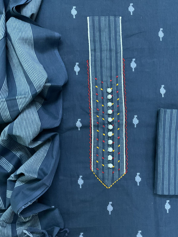 Image of Pure Handloom Cotton Self Weaved Embroidered Suit - Blue