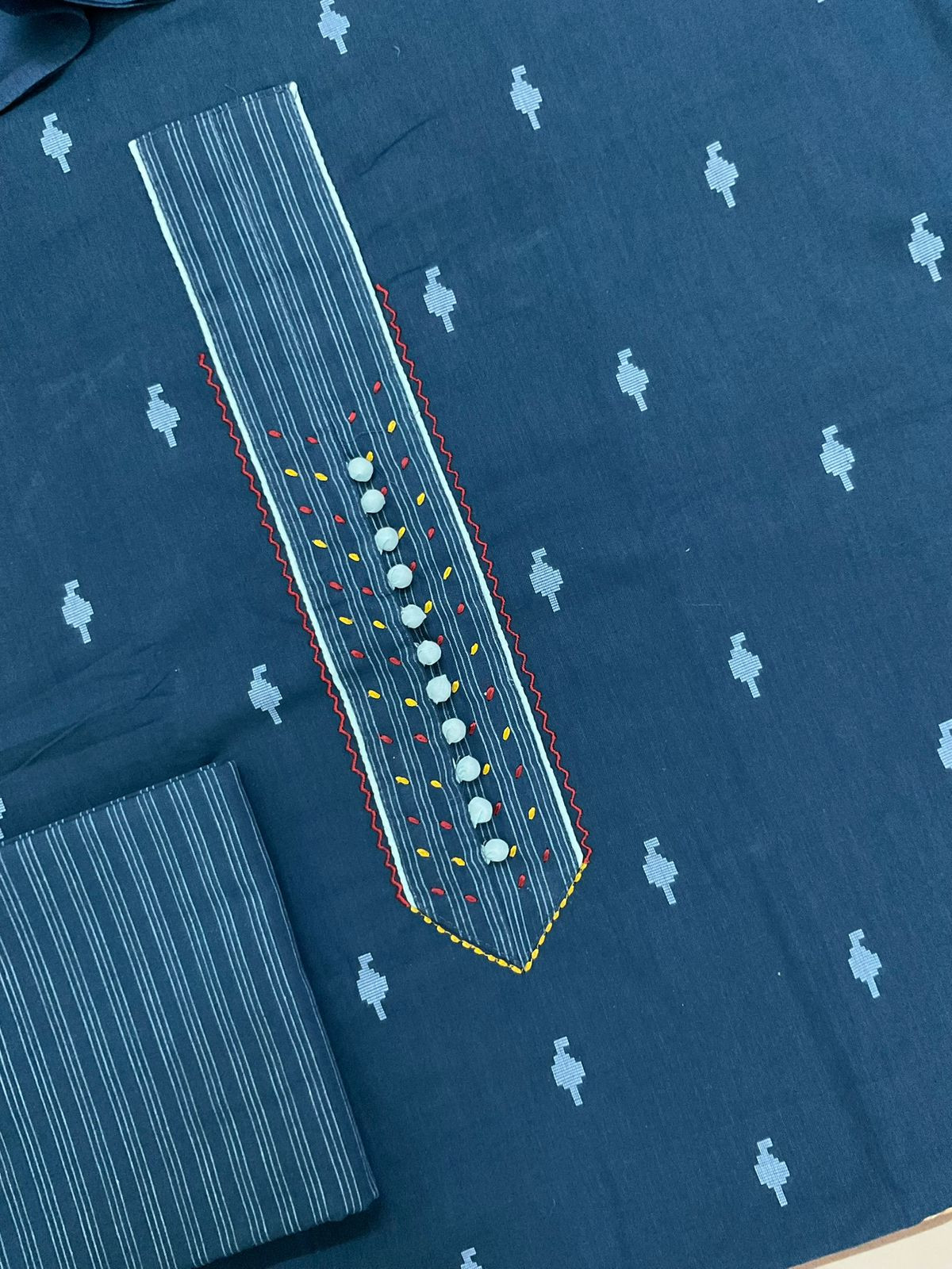 Pure Handloom Cotton Self Weaved Embroidered Suit - Blue