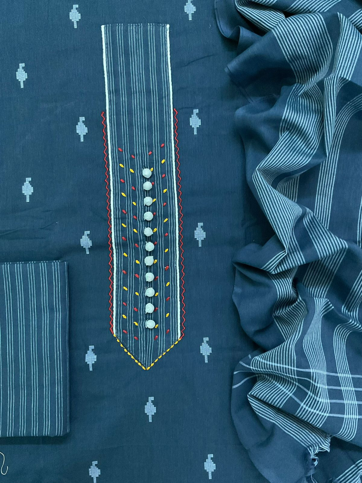 Pure Handloom Cotton Self Weaved Embroidered Suit - Blue