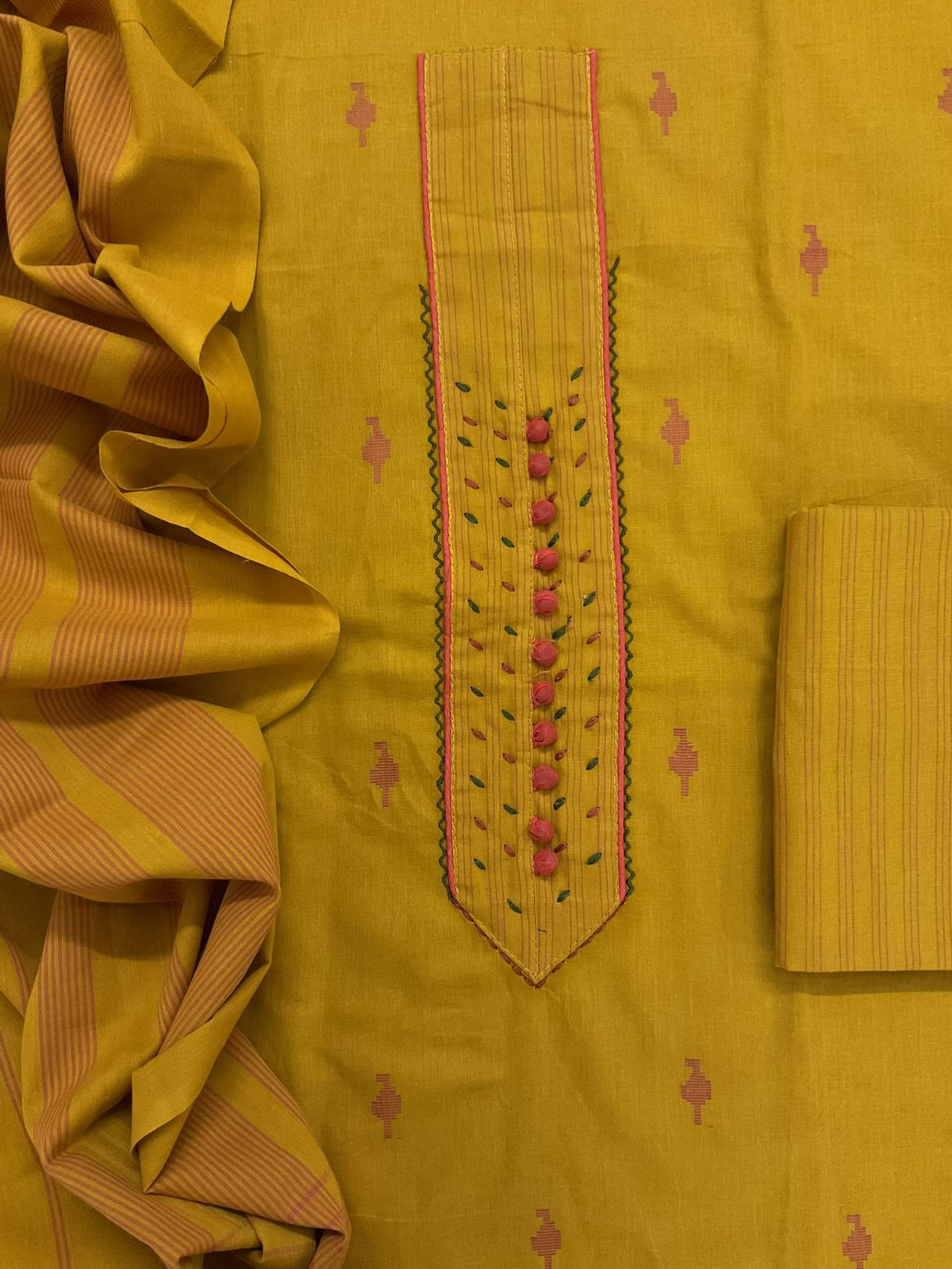 Pure Handloom Cotton Self Weaved Embroidered Suit - Yellow