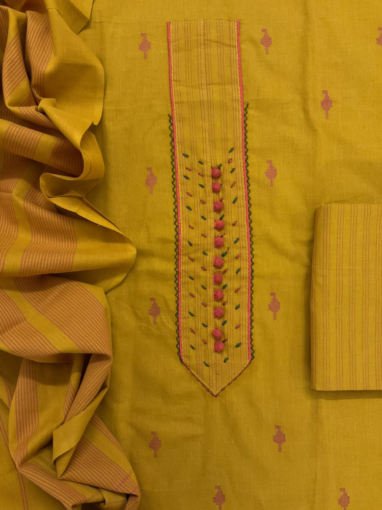 Image of Pure Handloom Cotton Self Weaved Embroidered Suit - Yellow