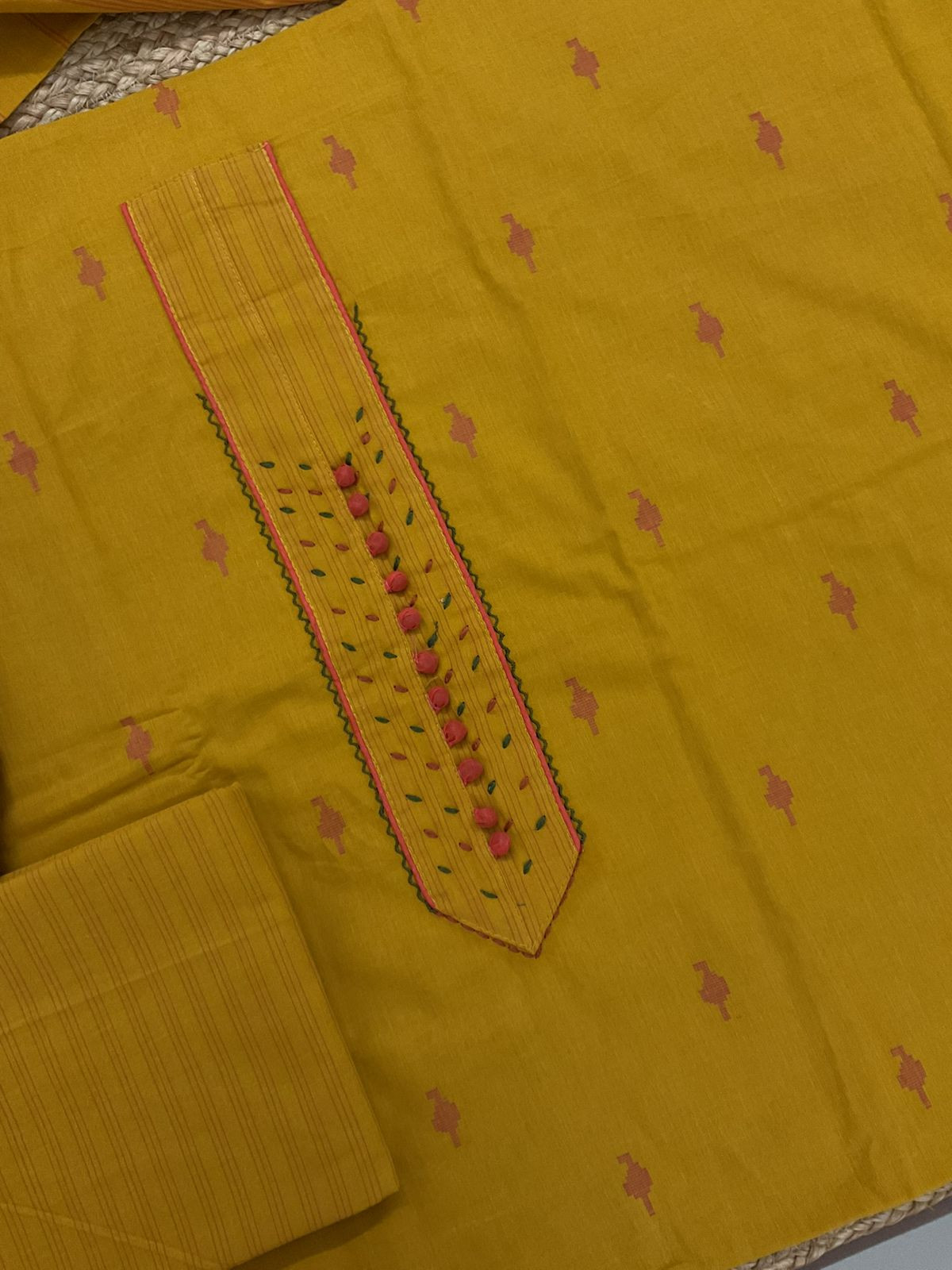 Pure Handloom Cotton Self Weaved Embroidered Suit - Yellow