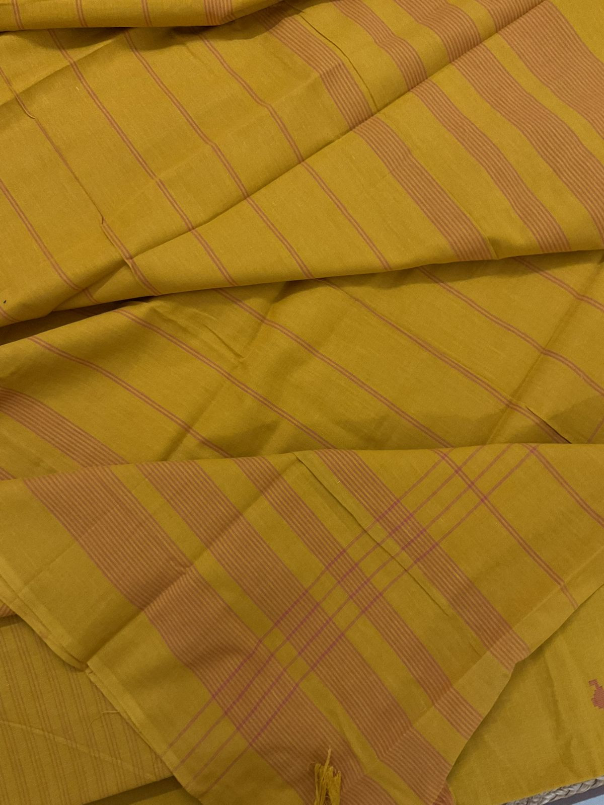 Pure Handloom Cotton Self Weaved Embroidered Suit - Yellow
