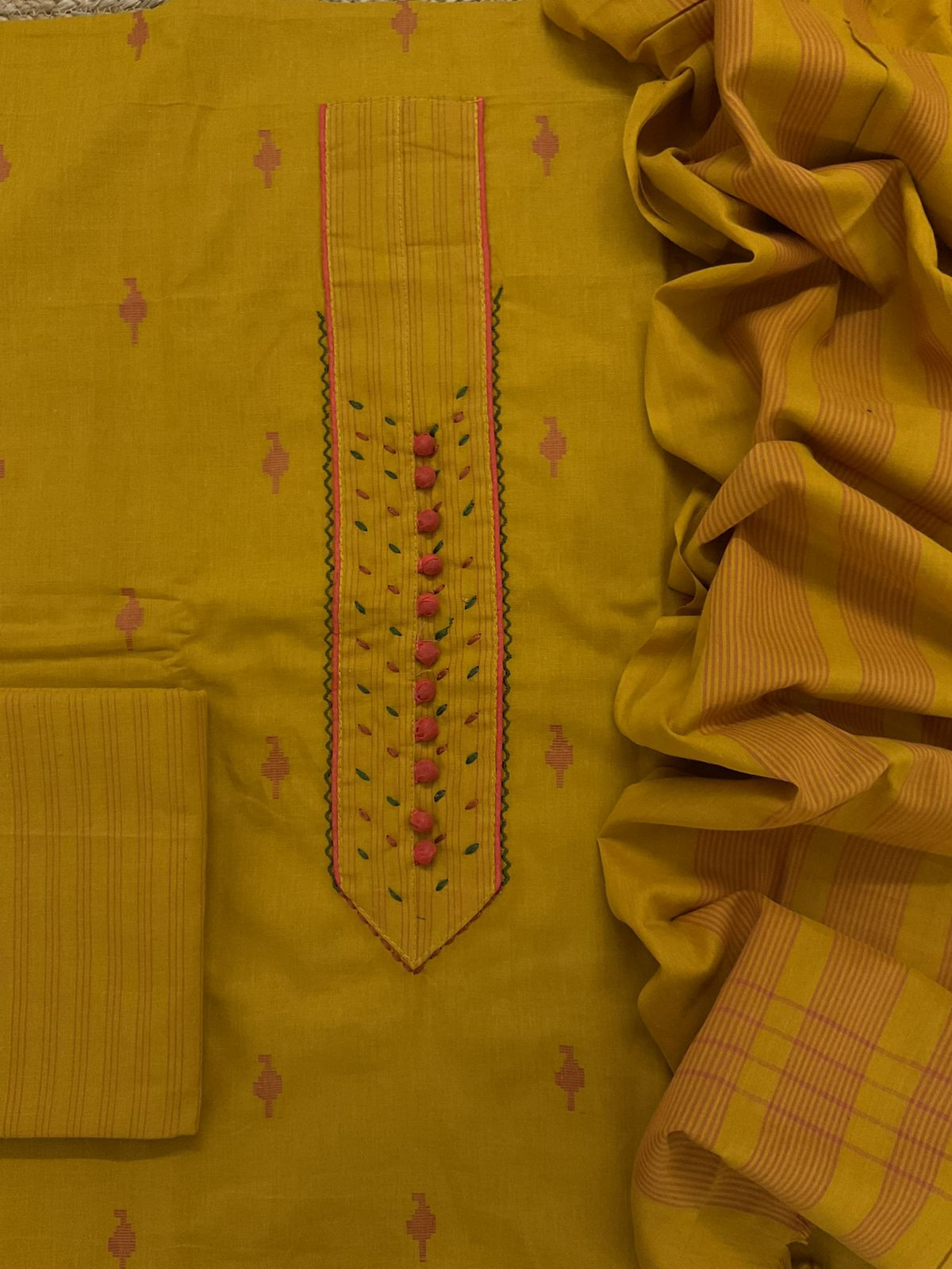 Pure Handloom Cotton Self Weaved Embroidered Suit - Yellow