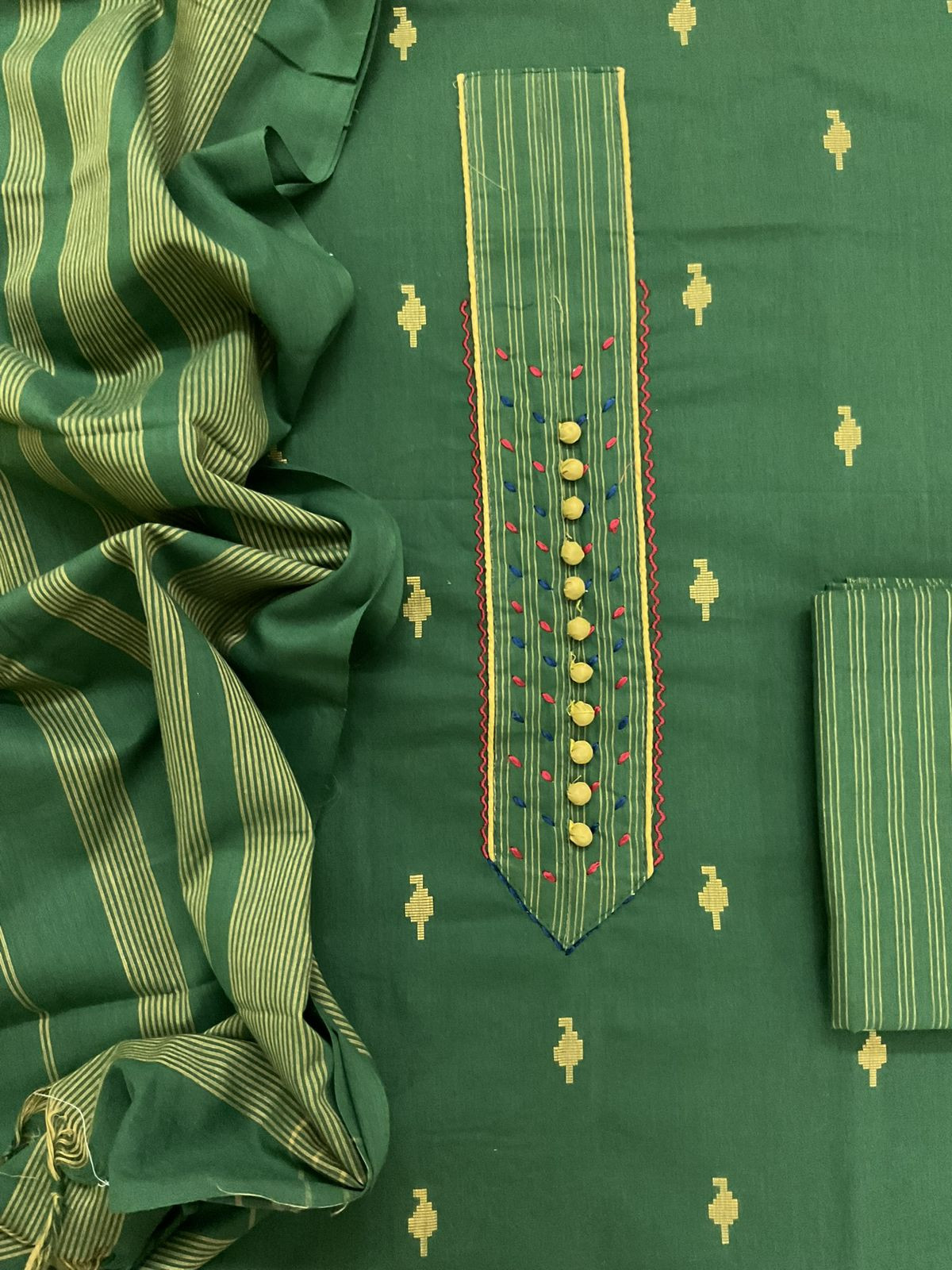 Pure Handloom Cotton Self Weaved Embroidered Suit - Green