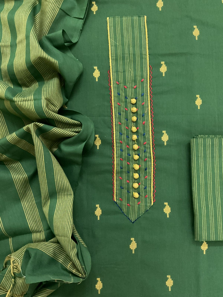 Image of Pure Handloom Cotton Self Weaved Embroidered Suit - Green