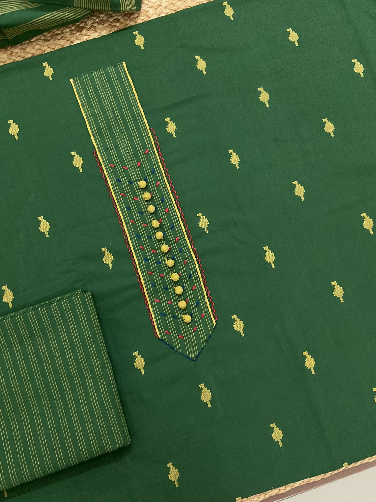 Pure Handloom Cotton Self Weaved Embroidered Suit - Green