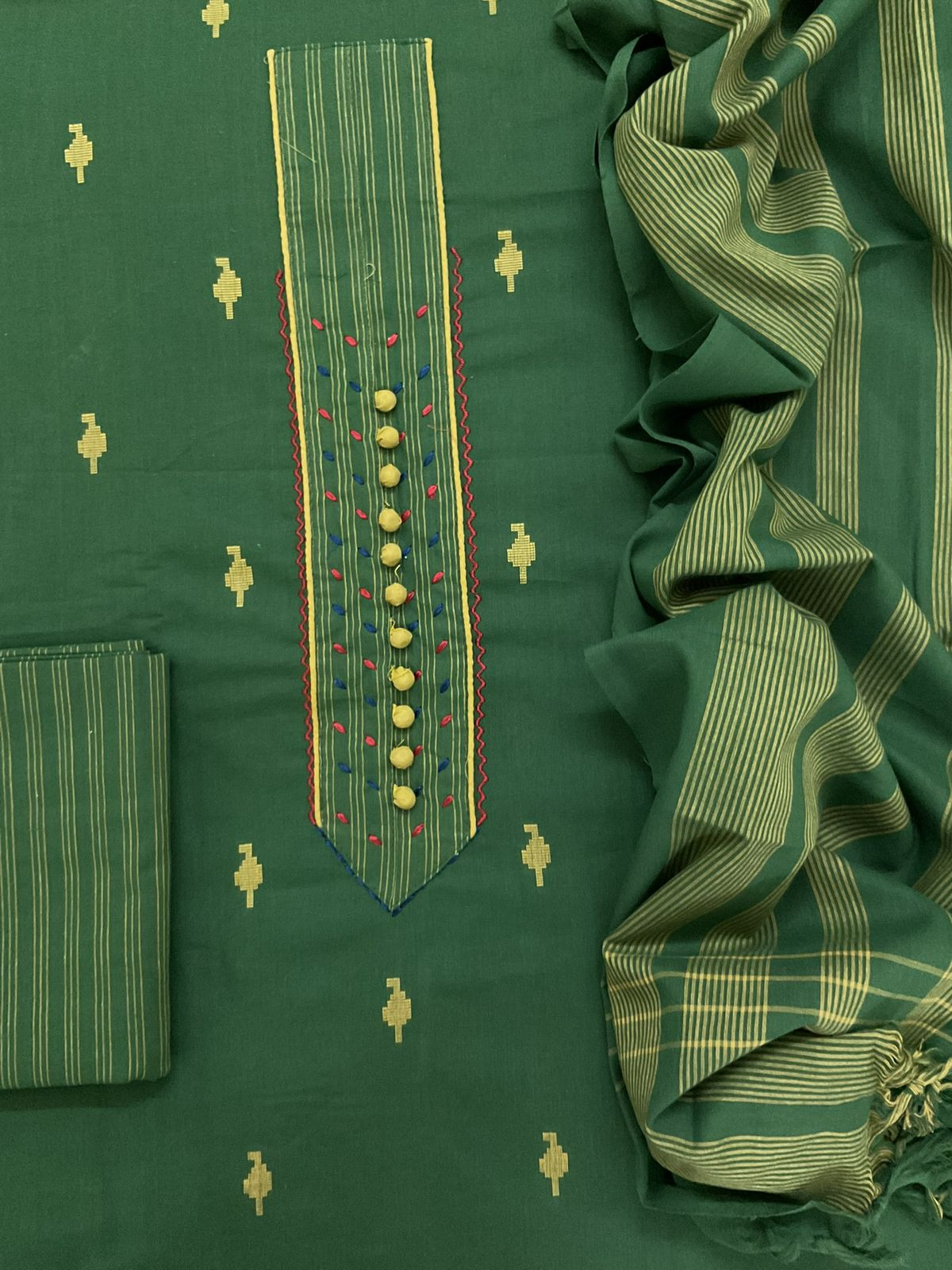 Pure Handloom Cotton Self Weaved Embroidered Suit - Green
