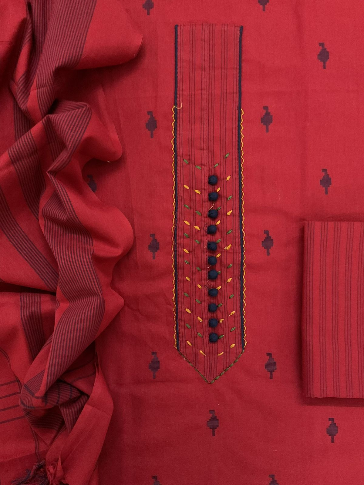 Pure Handloom Cotton Self Weaved Embroidered Suit - Red
