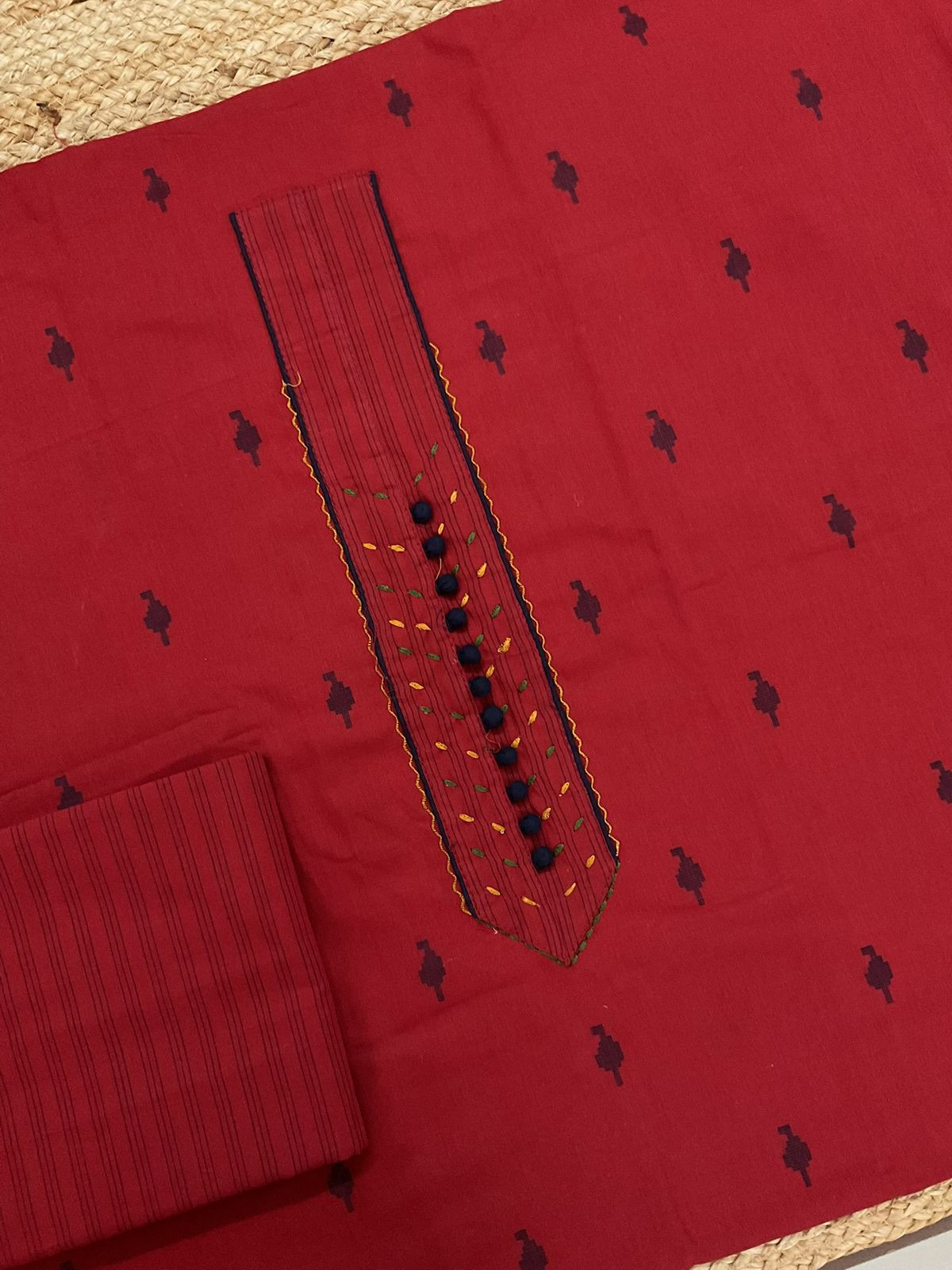 Pure Handloom Cotton Self Weaved Embroidered Suit - Red