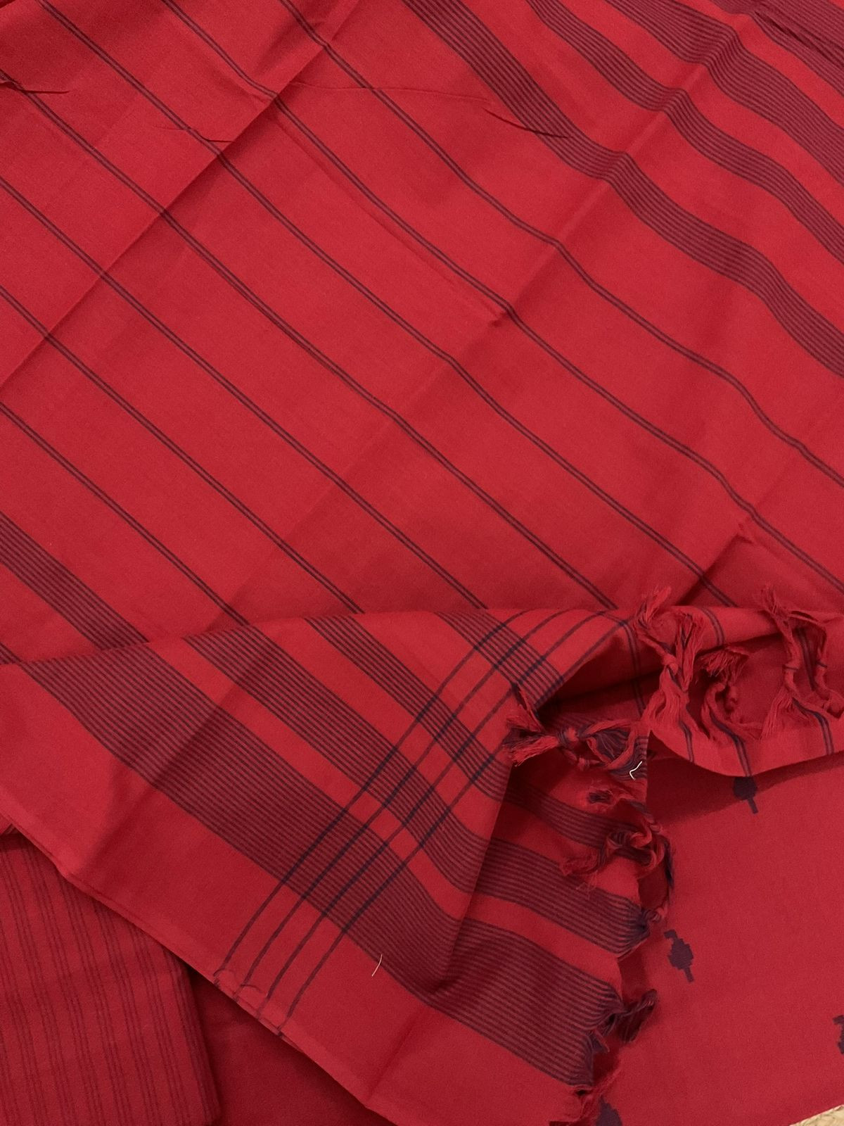 Pure Handloom Cotton Self Weaved Embroidered Suit - Red