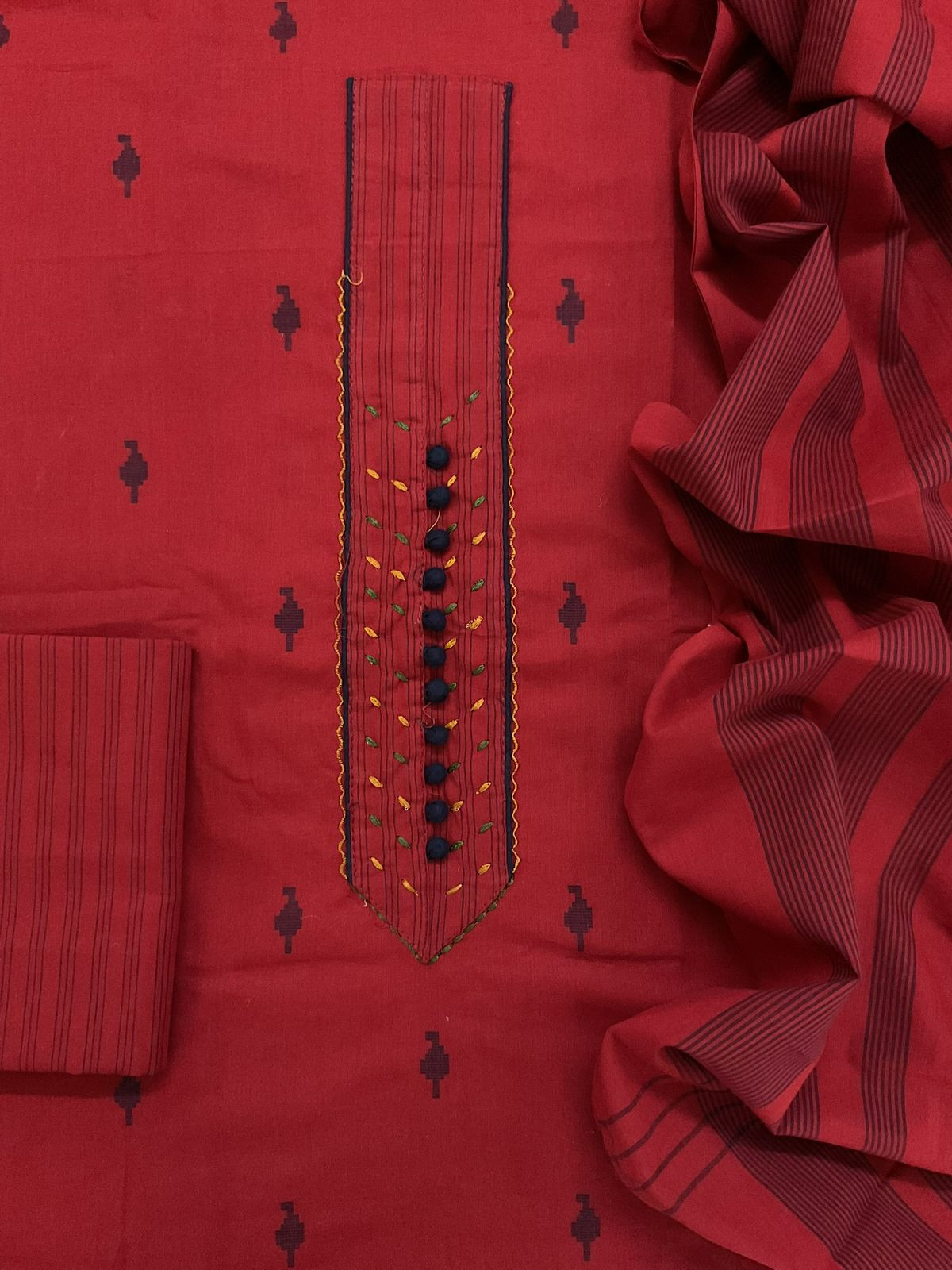 Pure Handloom Cotton Self Weaved Embroidered Suit - Red