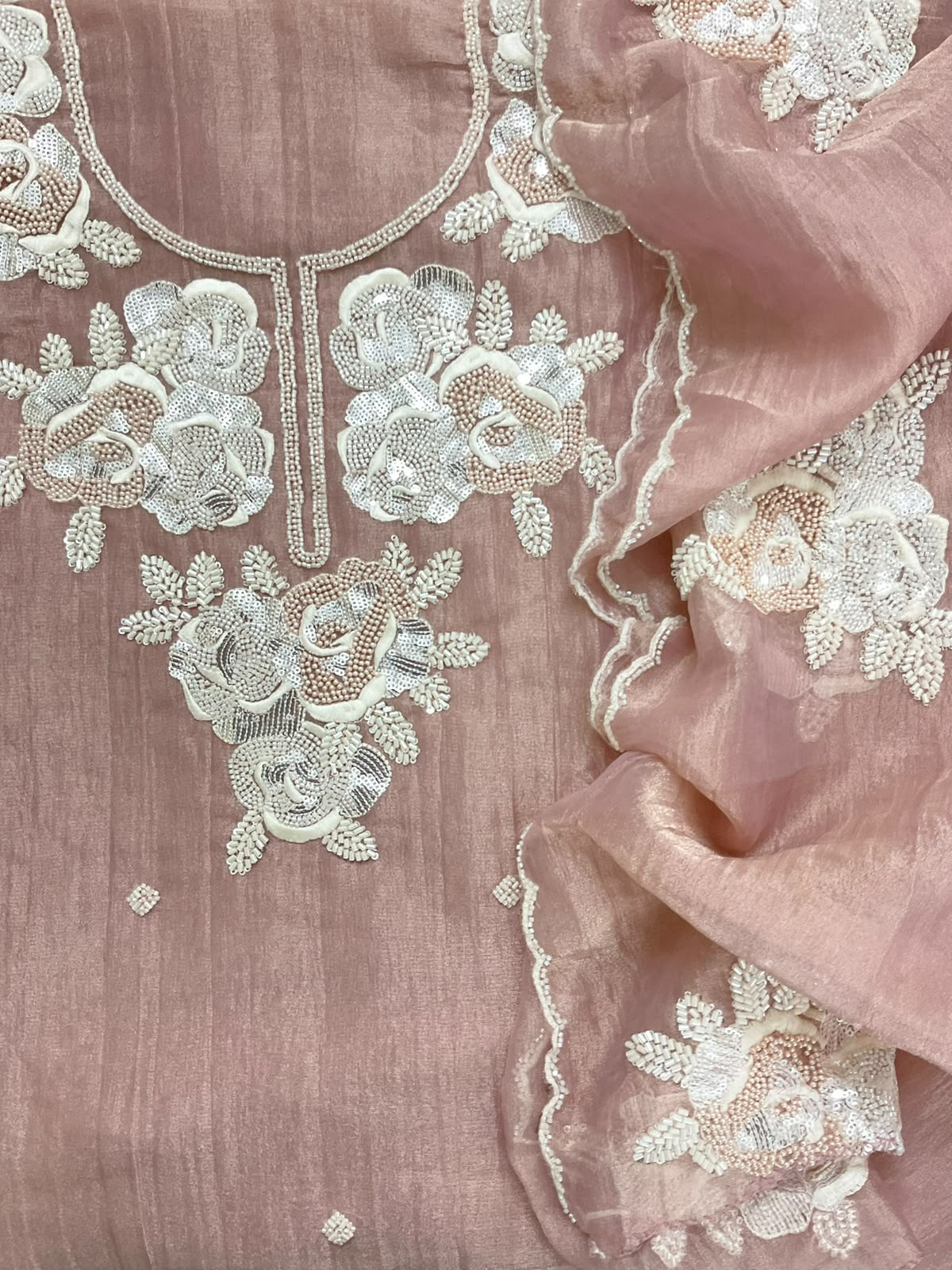 Soft Crushed Tissue Embroidered Suit - Onion Pink