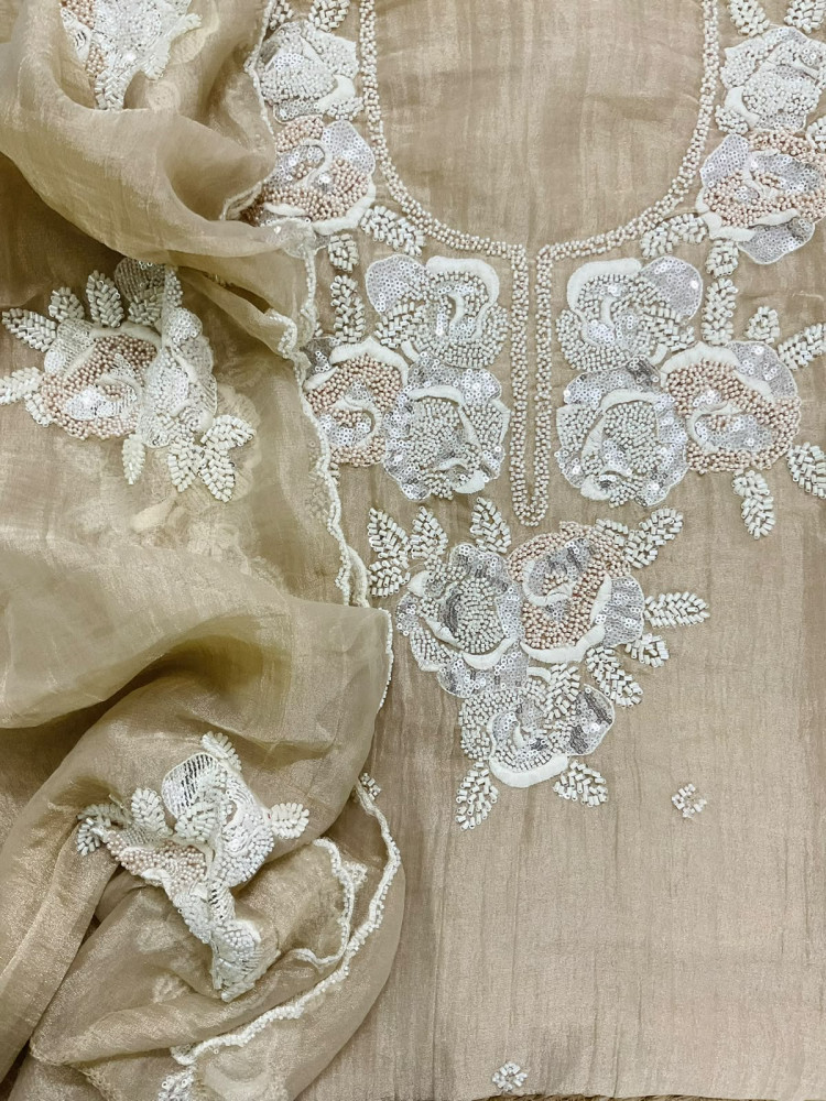 Image of Soft Crushed Tissue Embroidered Suit - Beige