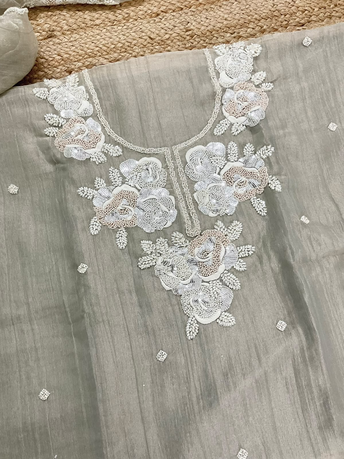 Soft Crushed Tissue Embroidered Suit - Grey
