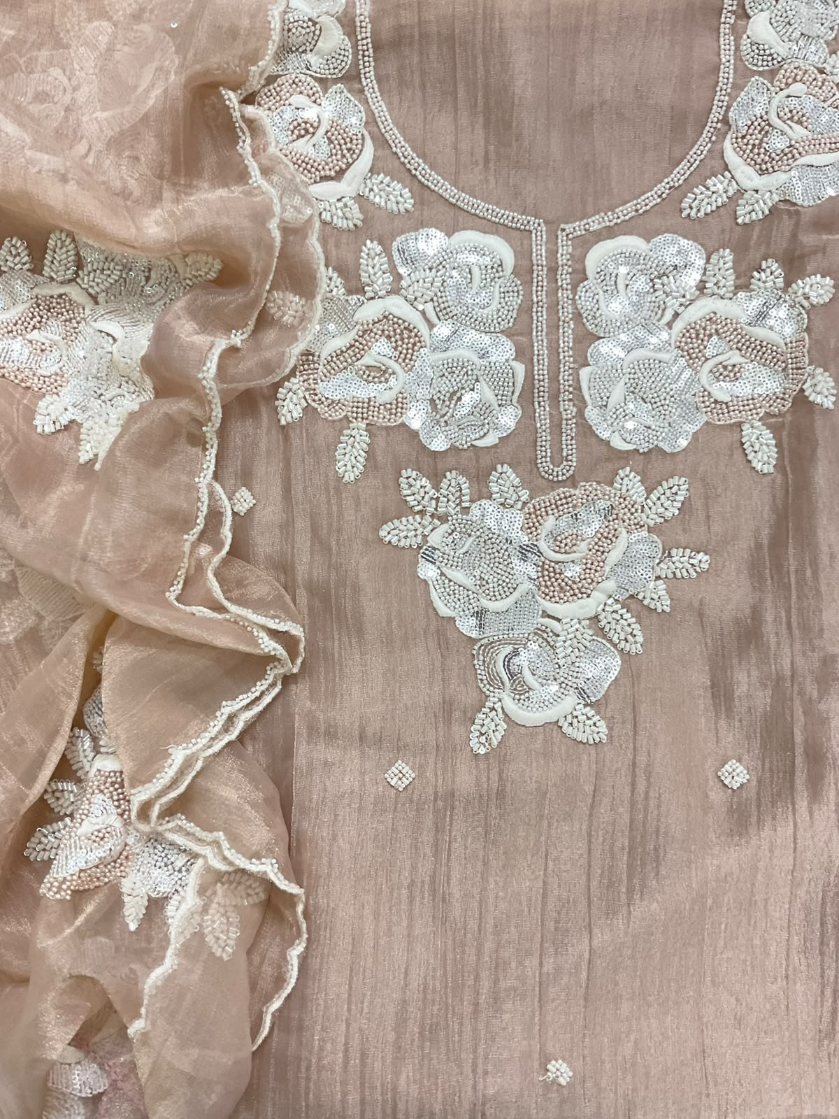 Soft Crushed Tissue Embroidered Suit - Peach