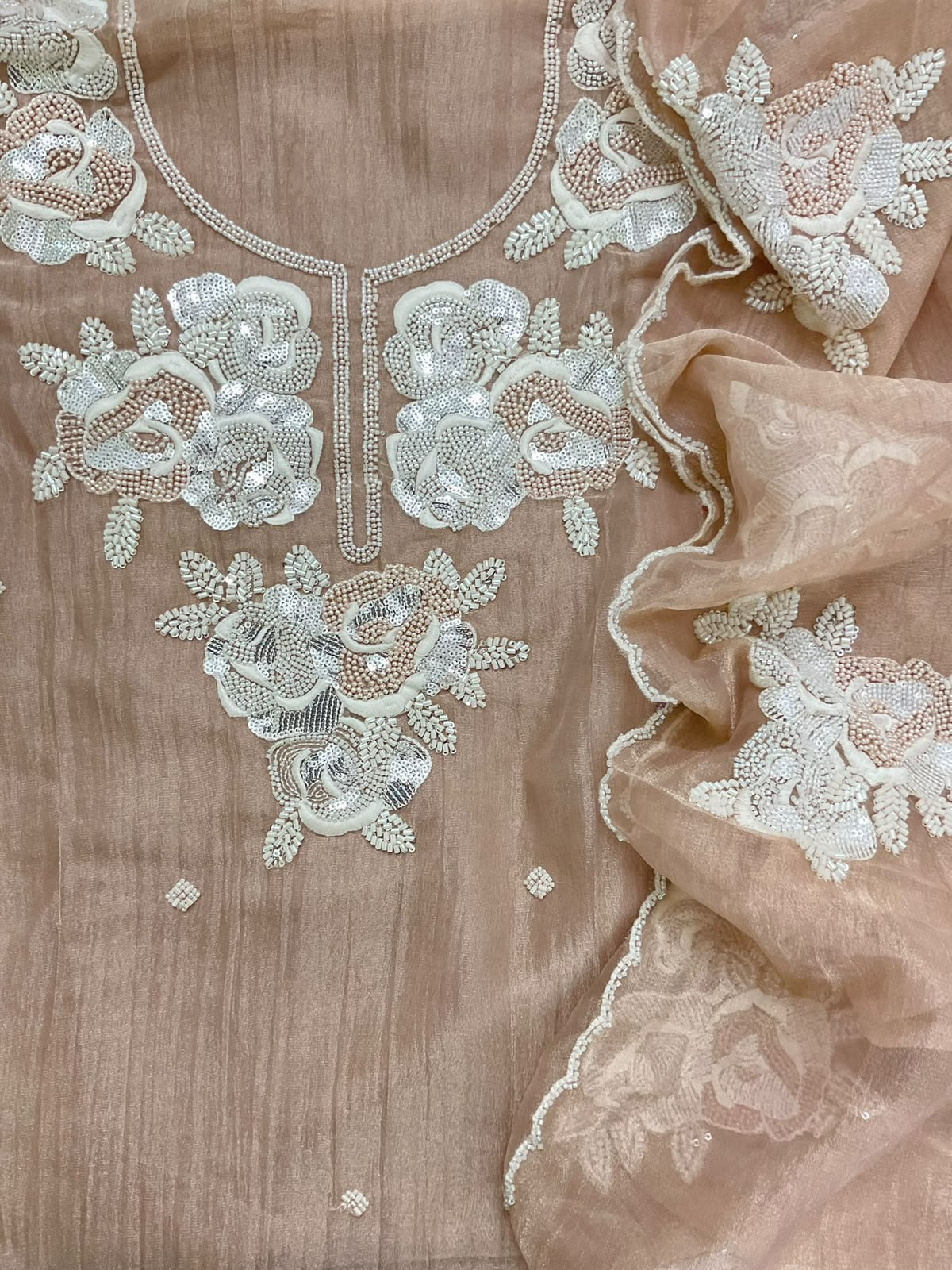 Soft Crushed Tissue Embroidered Suit - Peach