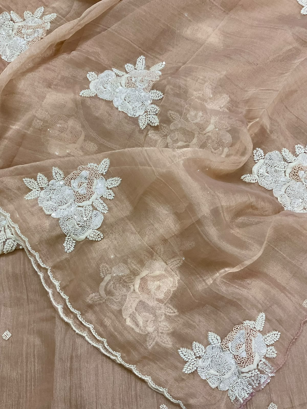 Soft Crushed Tissue Embroidered Suit - Peach