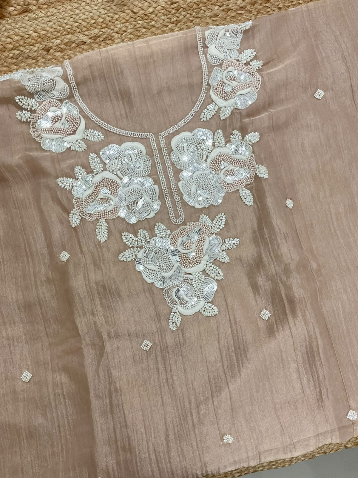 Soft Crushed Tissue Embroidered Suit - Peach