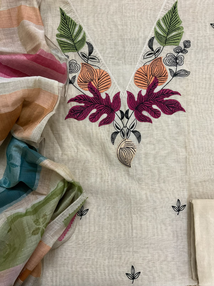 Image of Soft Slub Chanderi Jamdani Weaved Embroidered Suit - Beige