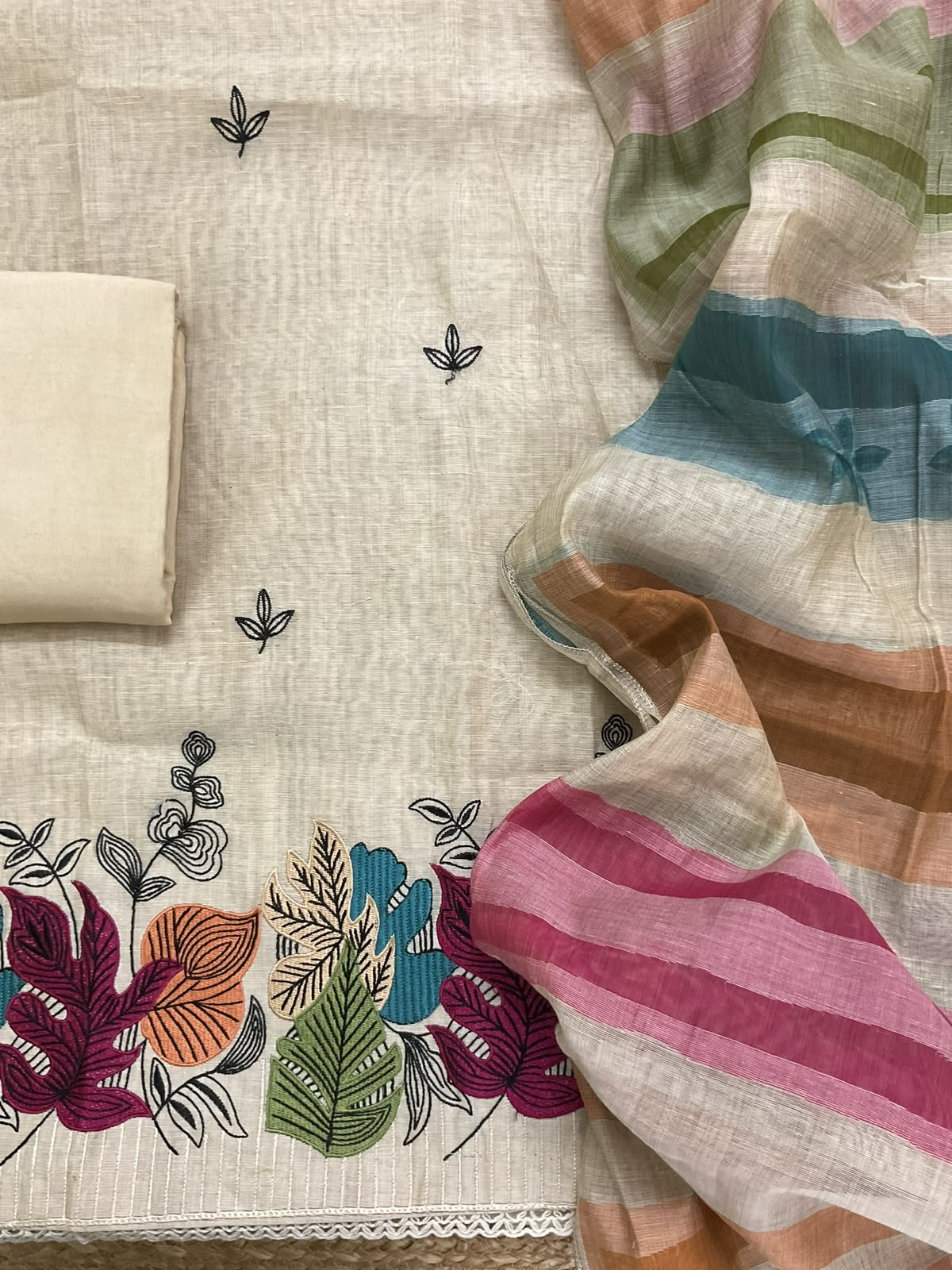 Soft Slub Chanderi Jamdani Weaved Embroidered Suit - Beige