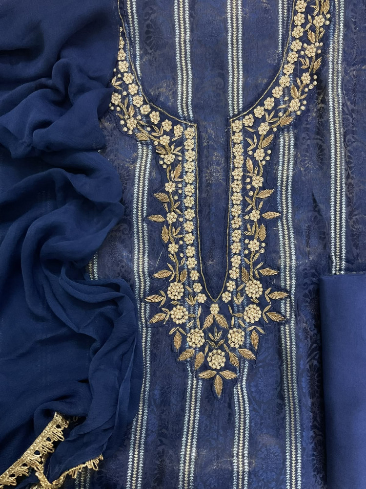 Image of Soft Tissue Chanderi Self Weaved Embroidered Suit - Blue