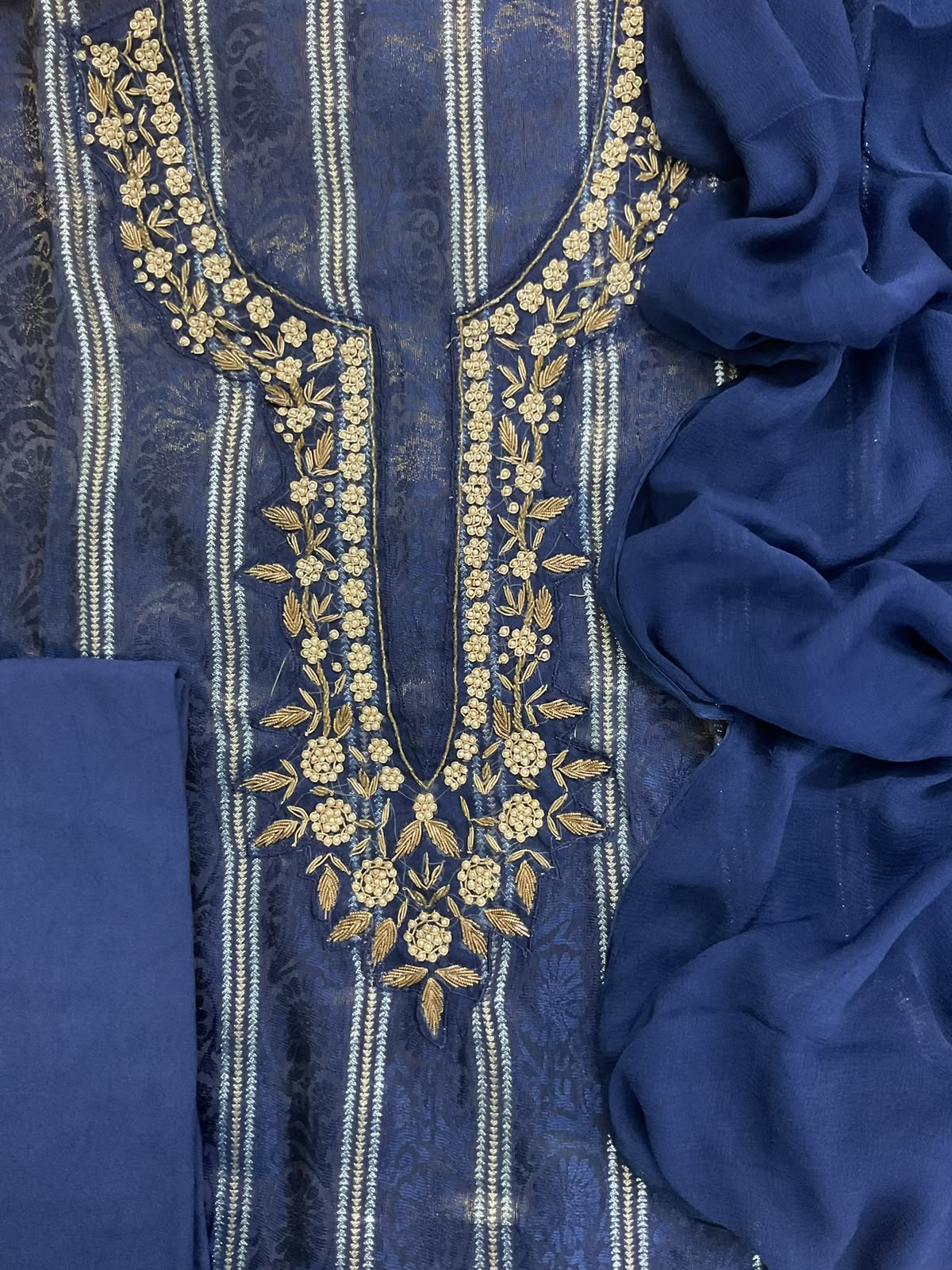 Soft Tissue Chanderi Self Weaved Embroidered Suit - Blue