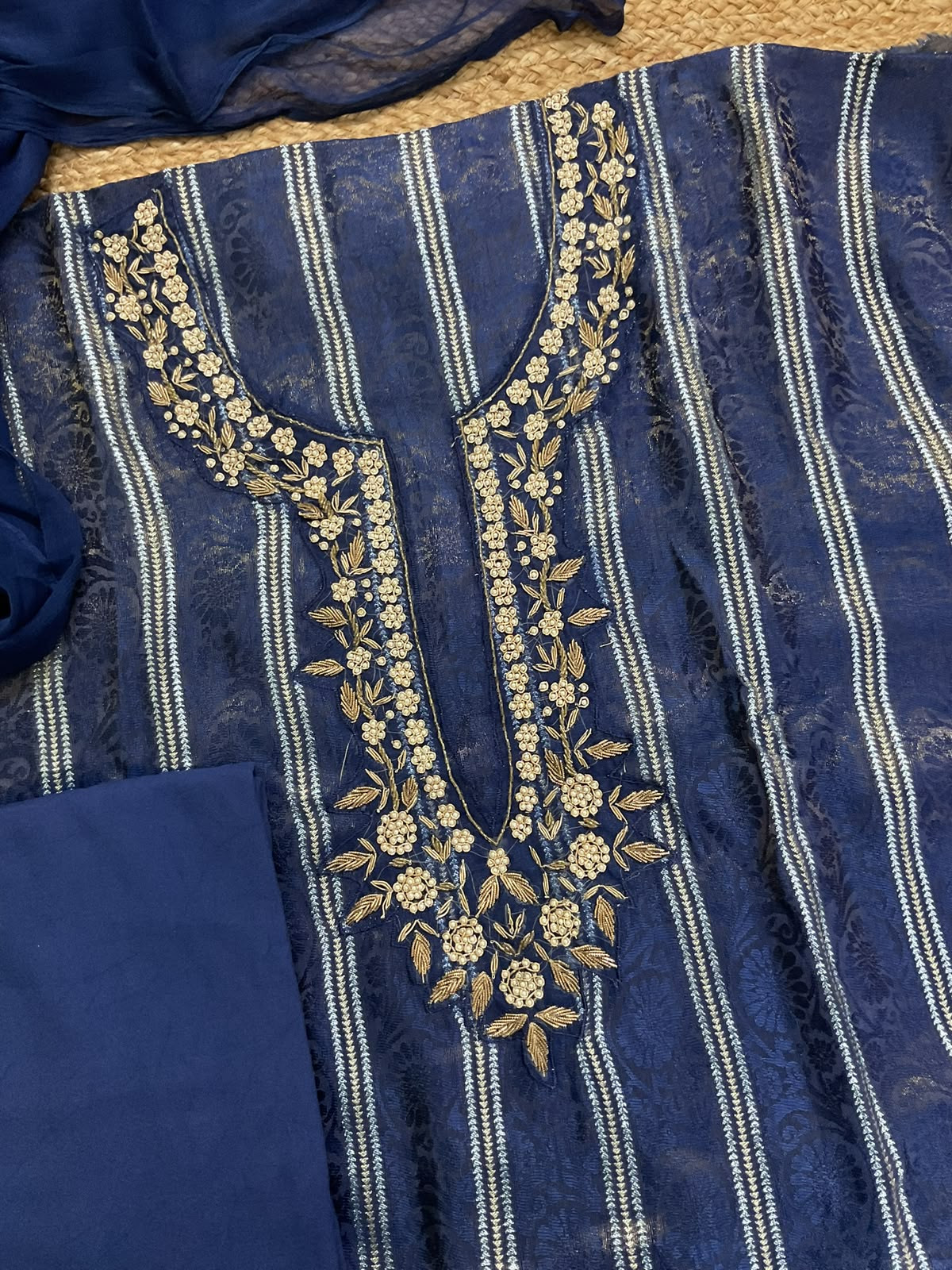 Soft Tissue Chanderi Self Weaved Embroidered Suit - Blue