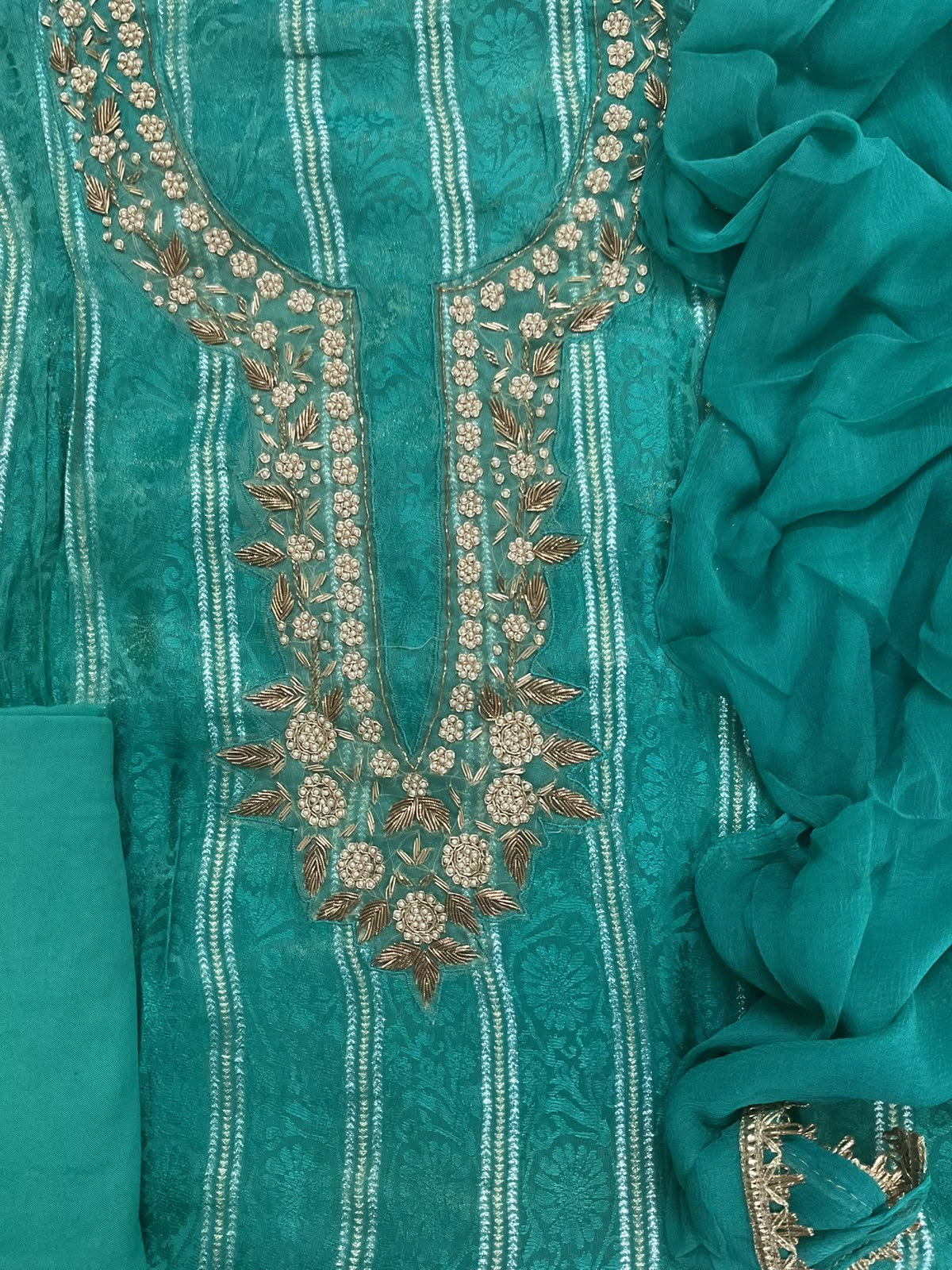 Soft Tissue Chanderi Self Weaved Embroidered Suit - Green