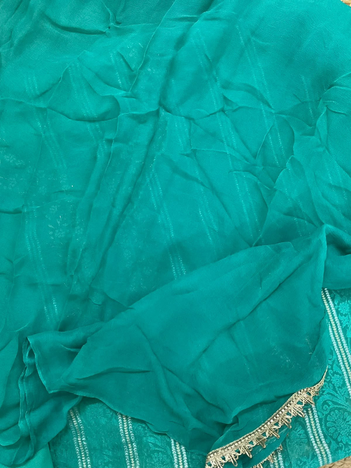 Soft Tissue Chanderi Self Weaved Embroidered Suit - Green