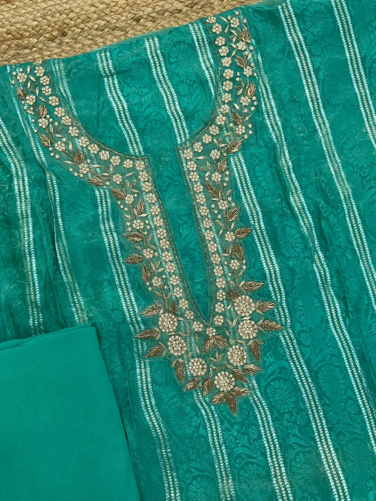 Soft Tissue Chanderi Self Weaved Embroidered Suit - Green
