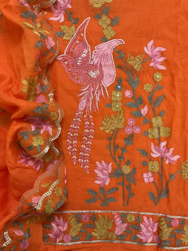 Image of Soft Chanderi Embroidered Suit - Orange