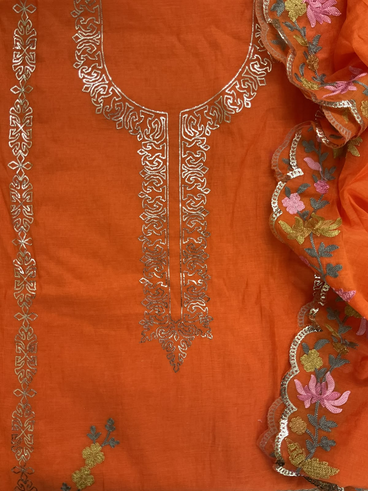 Soft Chanderi Embroidered Suit - Orange