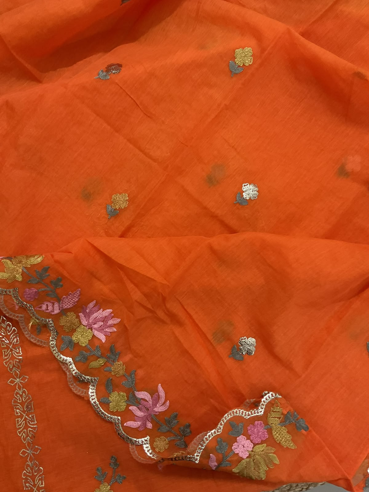 Soft Chanderi Embroidered Suit - Orange