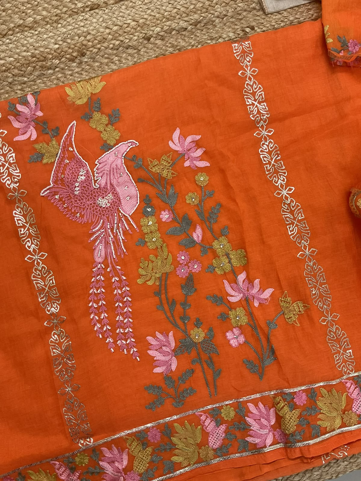 Soft Chanderi Embroidered Suit - Orange