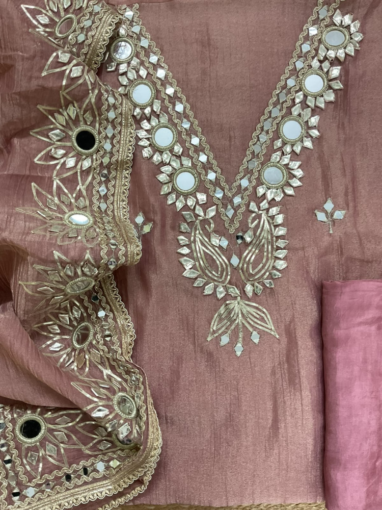 Image of Soft Crushed Tissue Embroidered Suit - Peach