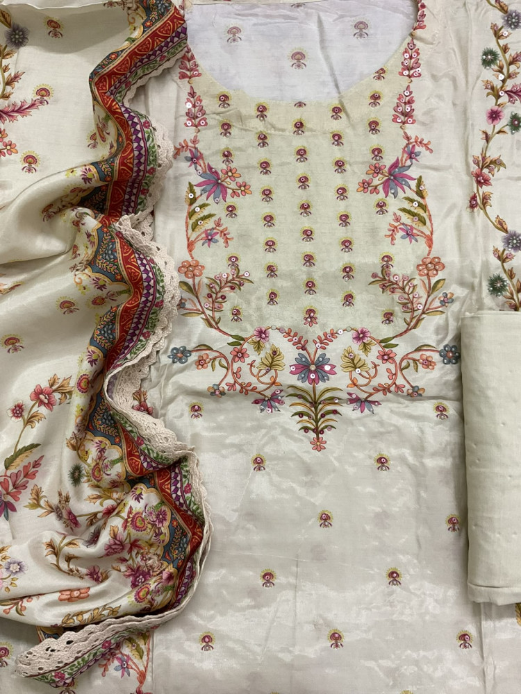 Image of Soft Muslin Printed Embroidered Suit - Cream