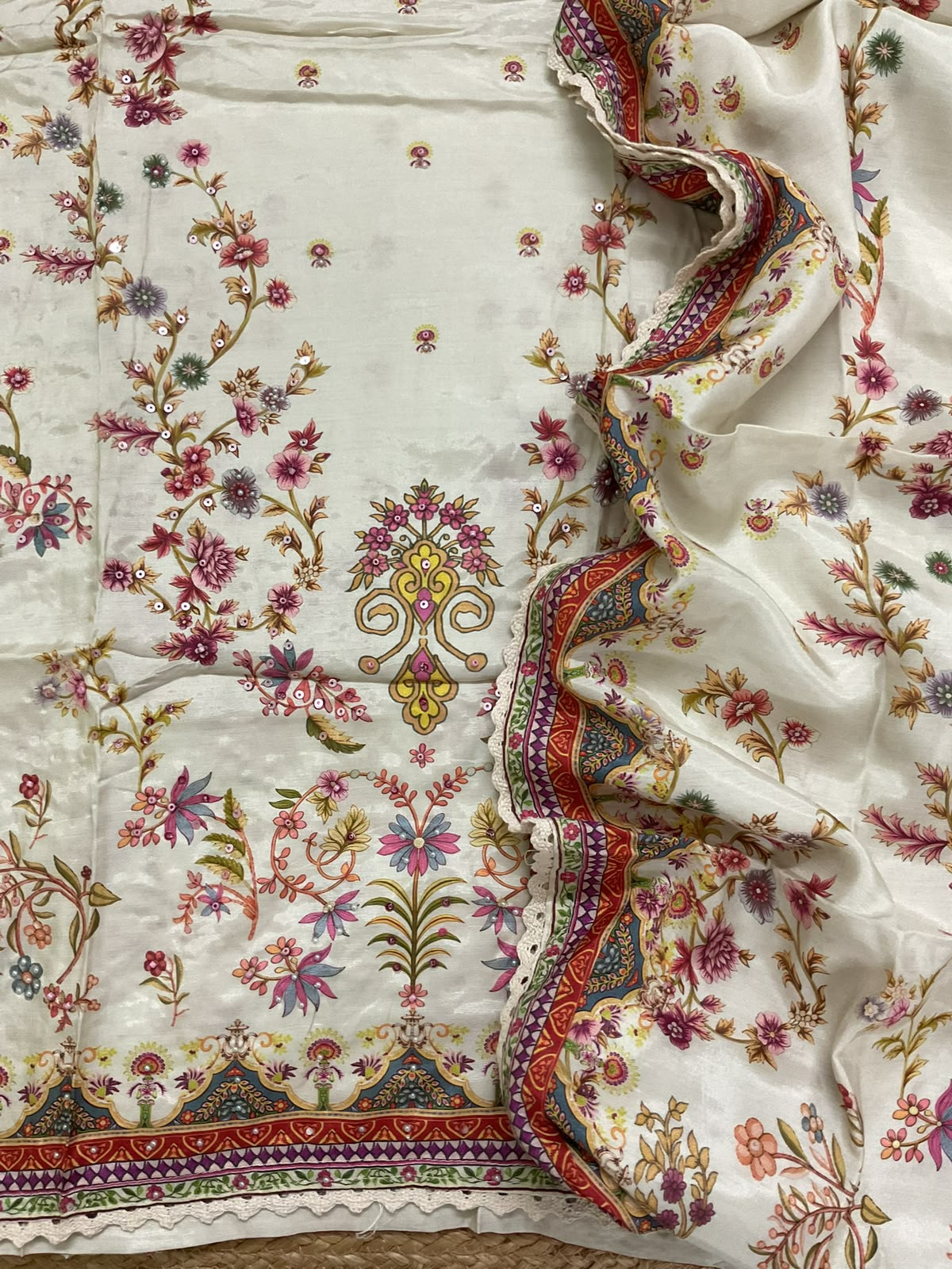 Soft Muslin Printed Embroidered Suit - Cream