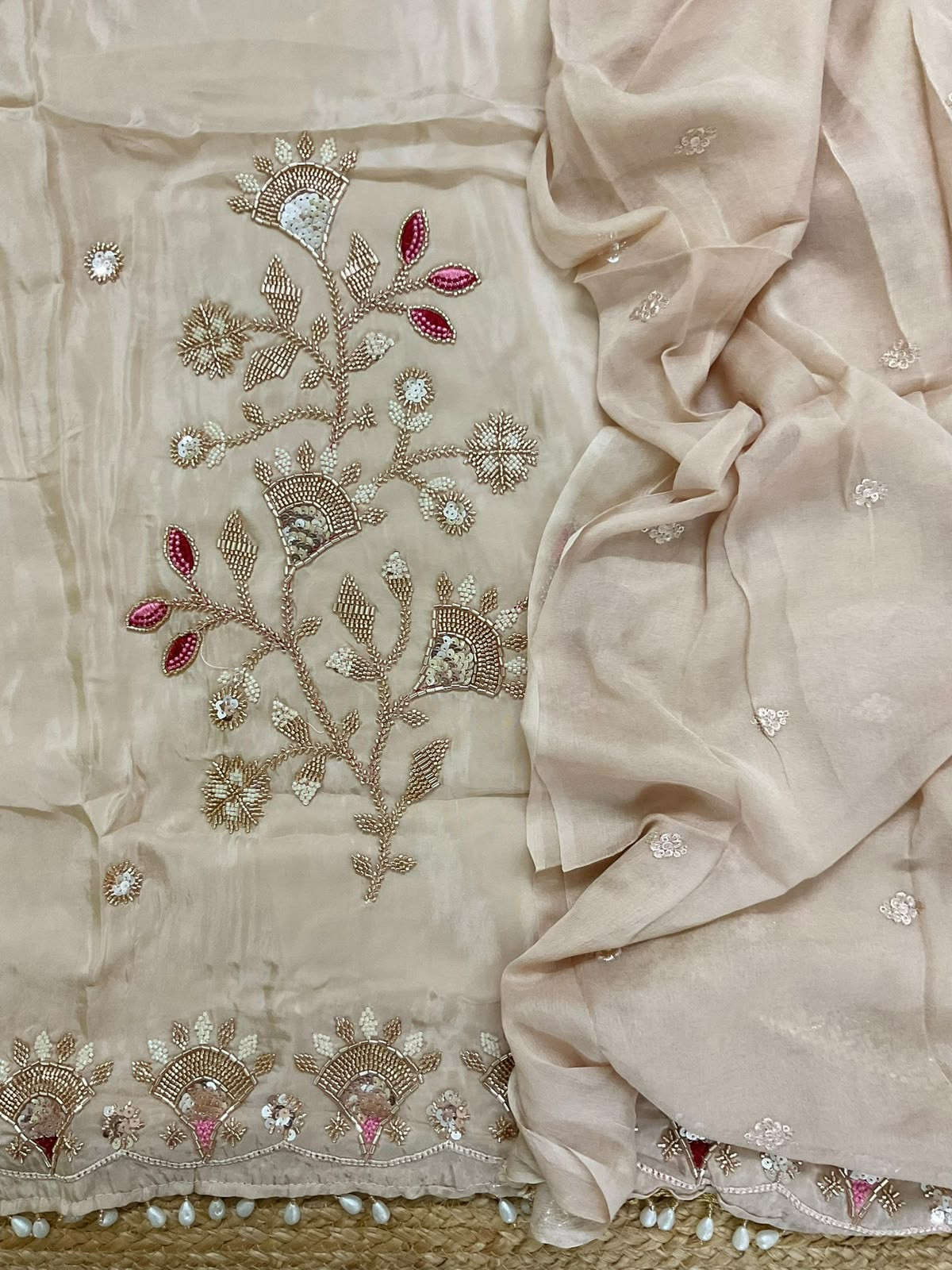 Soft Dola Silk Embroidered Suit - Cream
