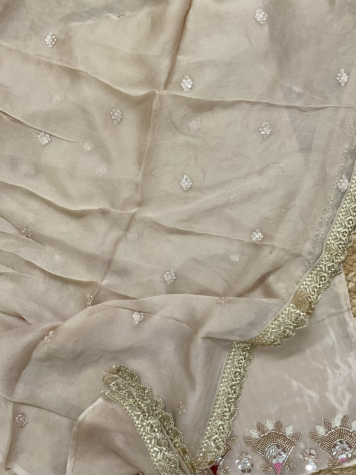 Soft Dola Silk Embroidered Suit - Cream