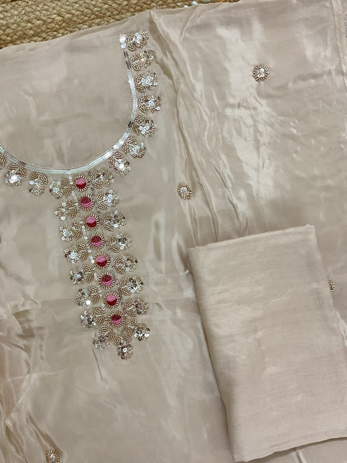 Soft Dola Silk Embroidered Suit - Cream