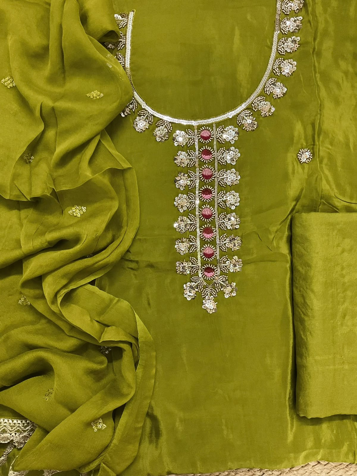 Soft Dola Silk Embroidered Suit - Green