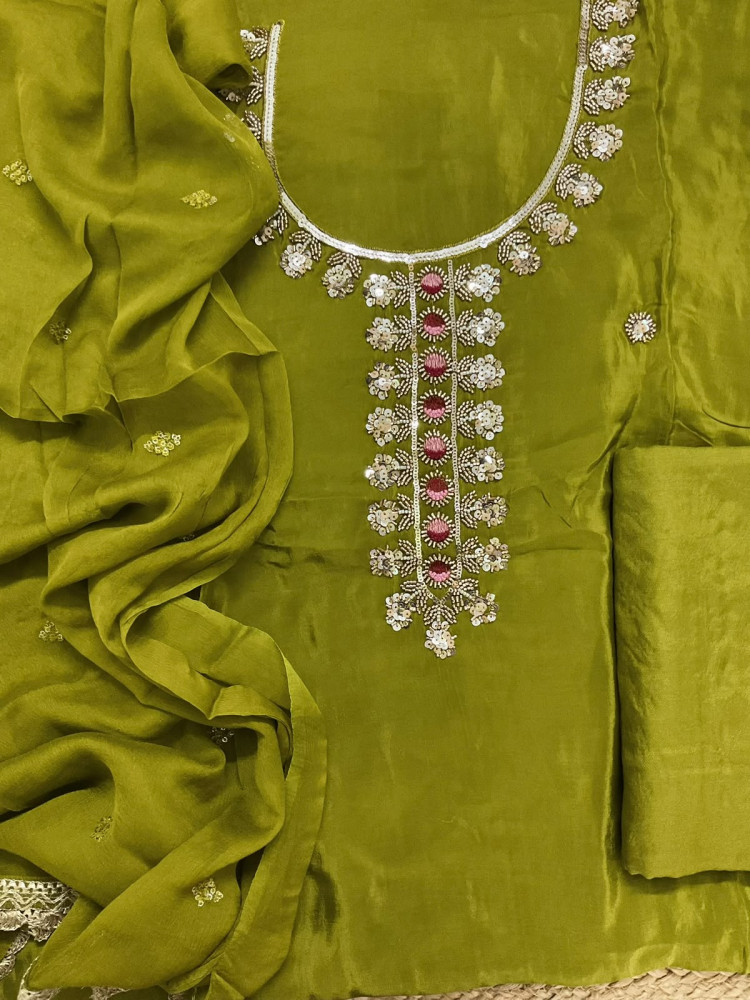 Image of Soft Dola Silk Embroidered Suit - Green